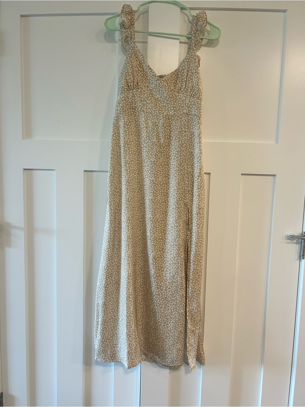 Beige Floral Tie-Shoulder Midi Dress